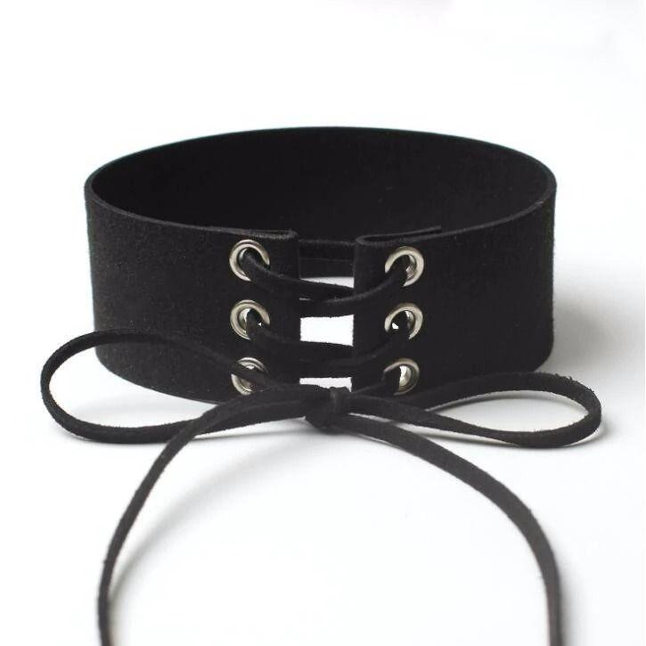 Choker negru, lat, cu snur, din piele ecologica, Lara C4 - Pursehuit.ro