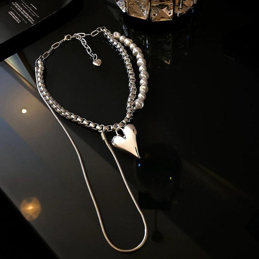 Colier argintiu, cu perle si inima, Amma C18 - Pursehuit.ro