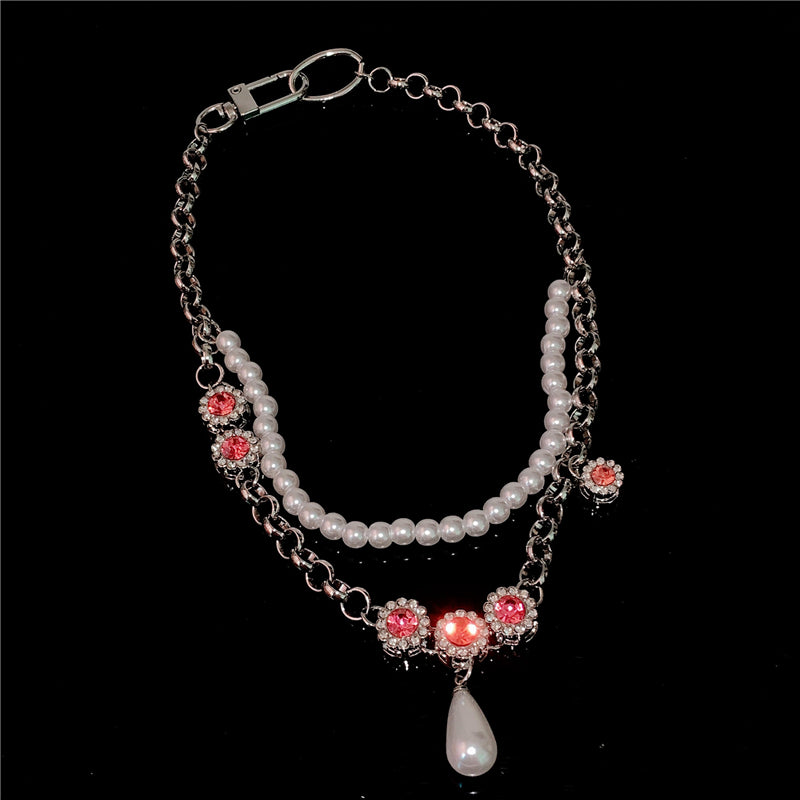 Colier argintiu, cu perle si pietre roz, Emeliana C1