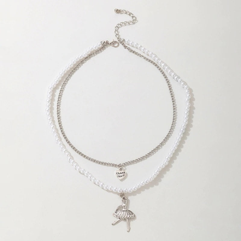 Colier argintiu, in 2 straturi, cu perle si balerina, Maia C29