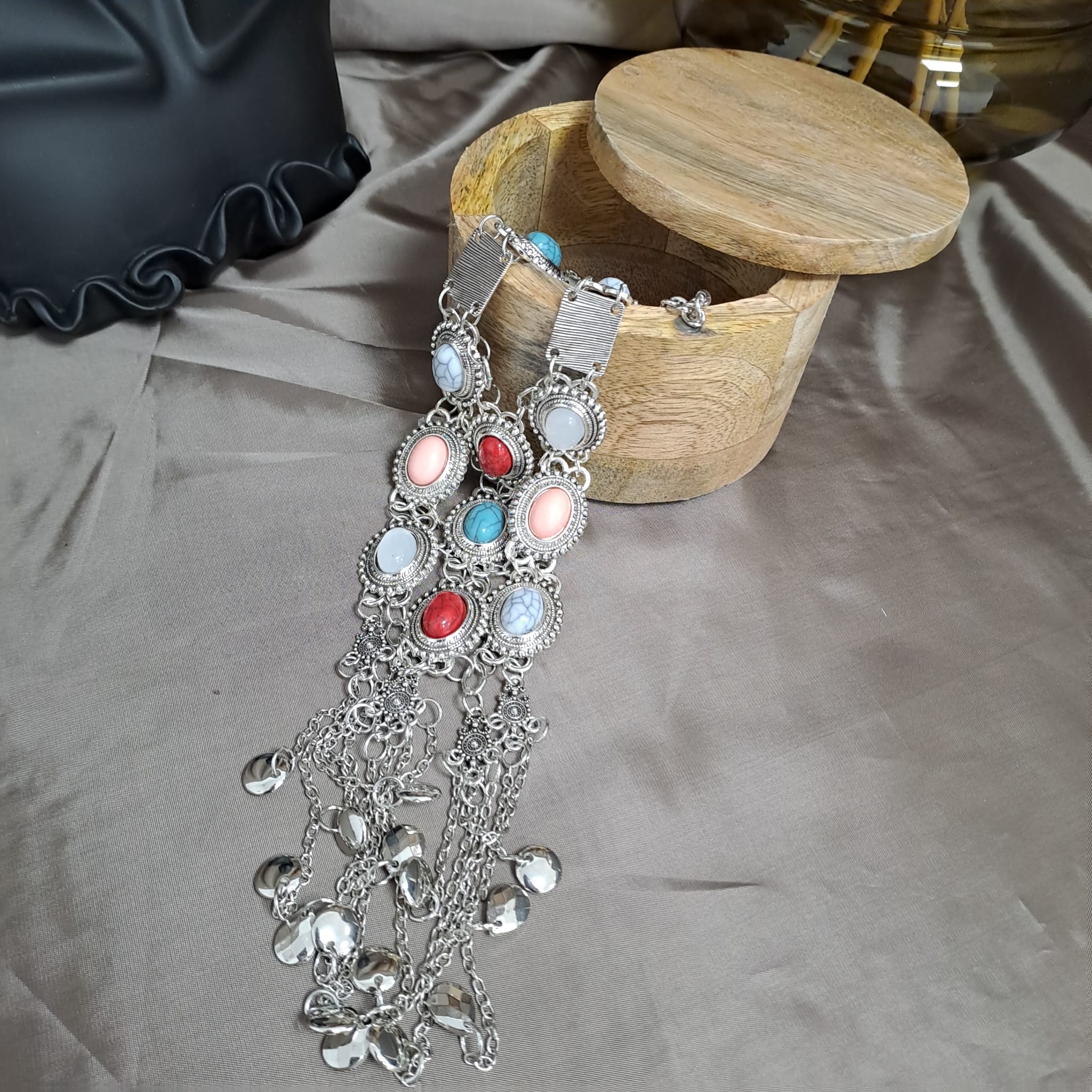 Colier argintiu, stil boho, cu pietre turquoise, Nannah C4