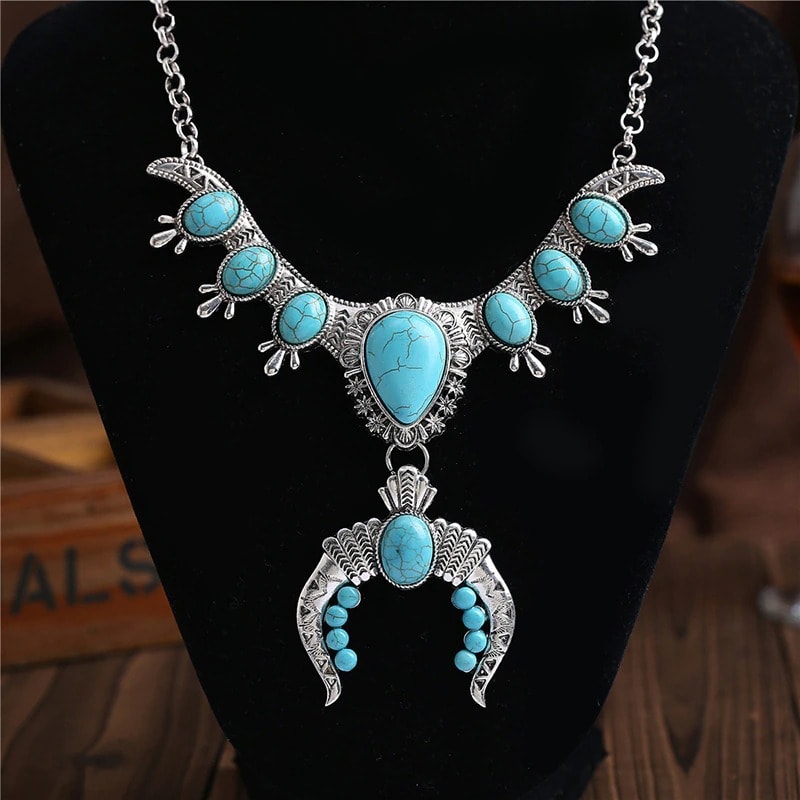 Colier argintiu, stil boho, cu pietre turquoise, Rozalina C6