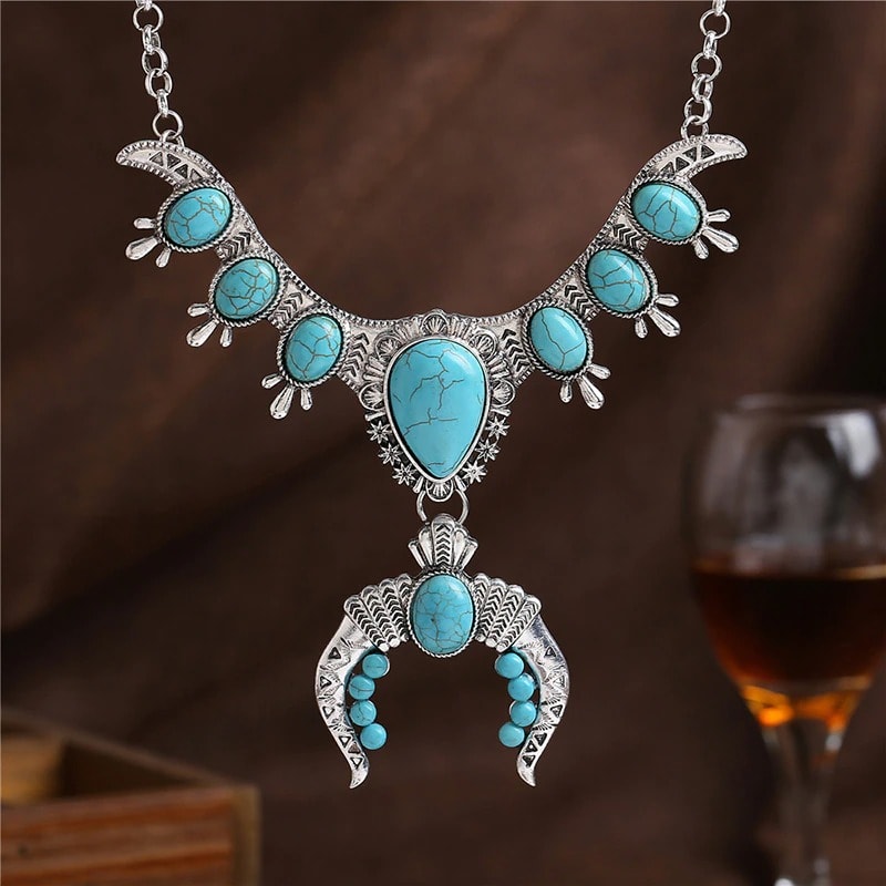 Colier argintiu, stil boho, cu pietre turquoise, Rozalina C6