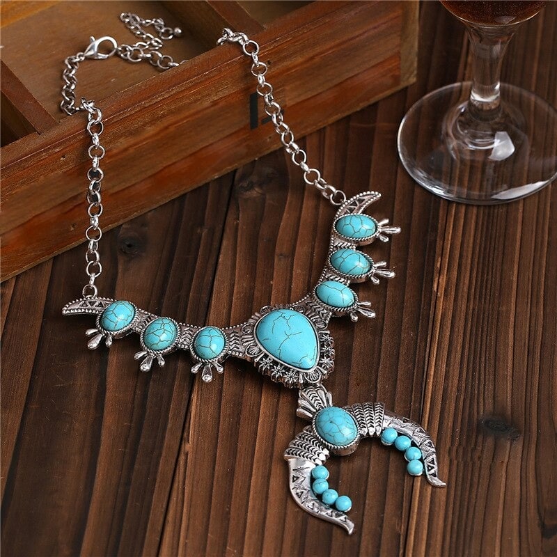 Colier argintiu, stil boho, cu pietre turquoise, Rozalina C6