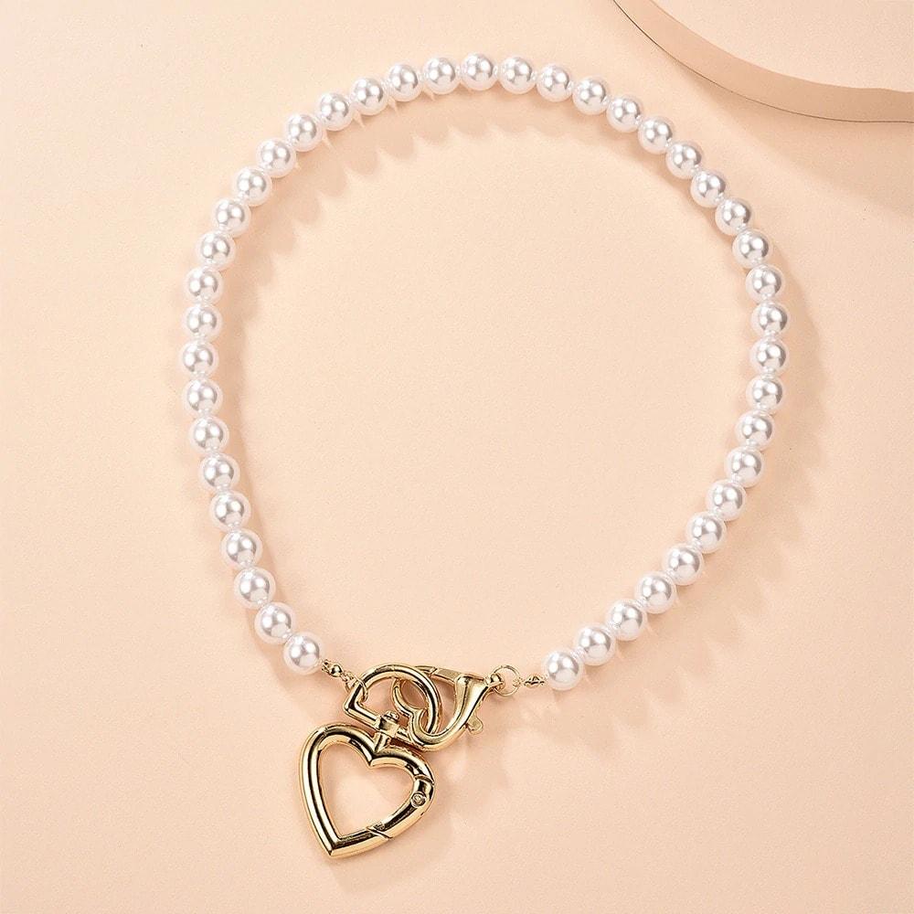 Colier auriu, cu perle si inimi, Nikka C5 - Pursehuit.ro
