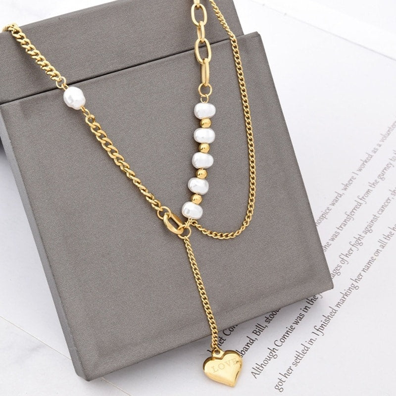 Colier auriu, cu perle si pandantiv in forma de inima, Denver C6