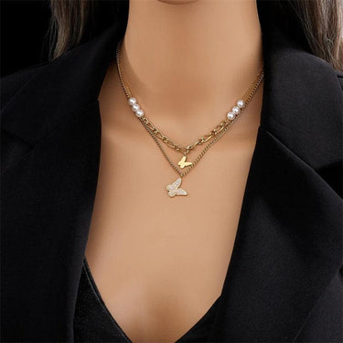 Colier auriu, in 2 straturi, cu perle si fluturi, Derhard C6 OUT - Pursehuit.ro