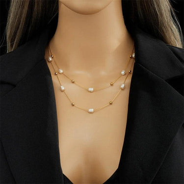 Colier auriu, in 2 straturi, din otel inoxidabil, cu perle, suflat cu aur 18k, Raian C5 - Pursehuit.ro