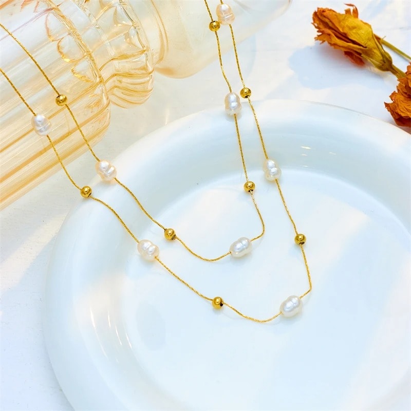 Colier auriu, in 2 straturi, din otel inoxidabil, cu perle, Raian C5