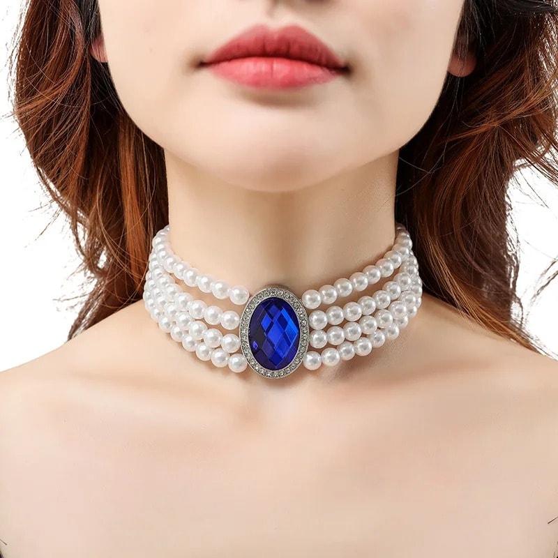 Colier choker, argintiu, cu perle si piatra albastra, Myanne C1