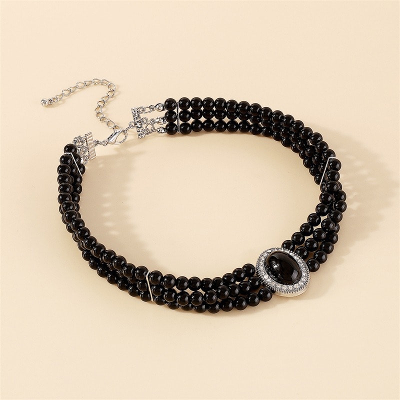 Colier choker argintiu, cu pietre si perle negre, Elemina C1