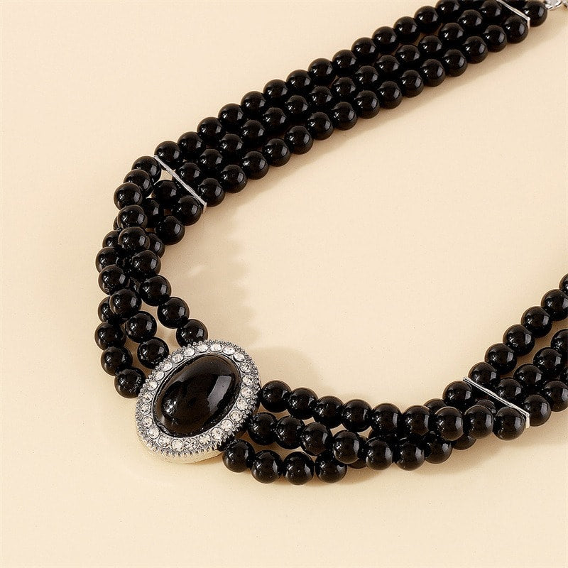 Colier choker argintiu, cu pietre si perle negre, Elemina C1