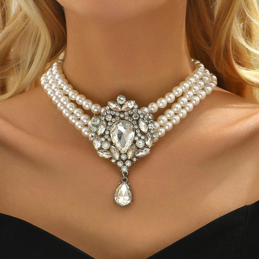 Colier choker, argintiu, masiv, cu pietre si perle, Osias C5 OUT - Pursehuit.ro