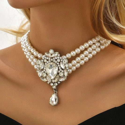 Colier choker, argintiu, masiv, cu pietre si perle, Osias C5 OUT - Pursehuit.ro