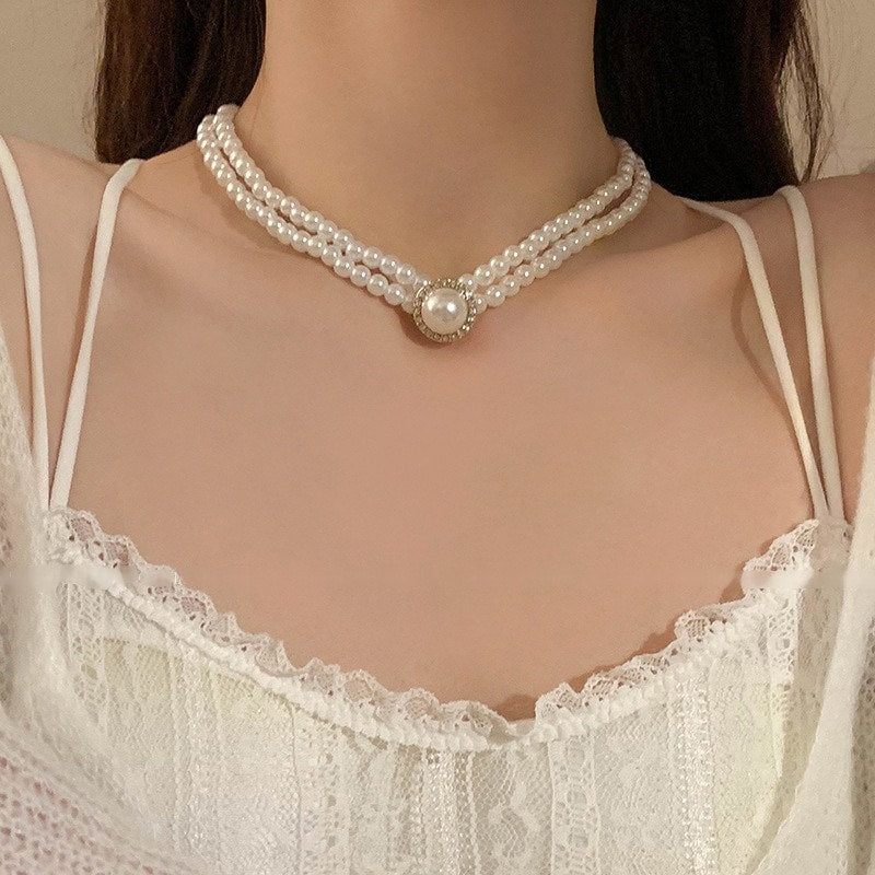 Colier choker auriu, cu perle si pietre, Caren C2