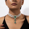 Colier choker, auriu, cu perle si pietre verzi, Othilia C5