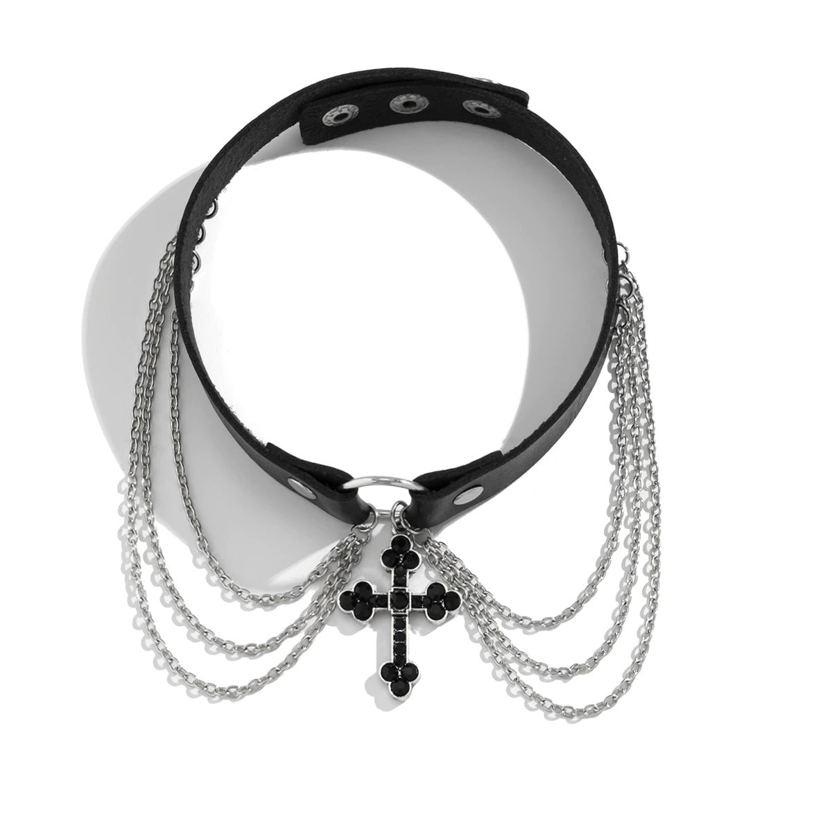 Colier choker negru, cu cruciulita si lanturi argintii, Nancy C19