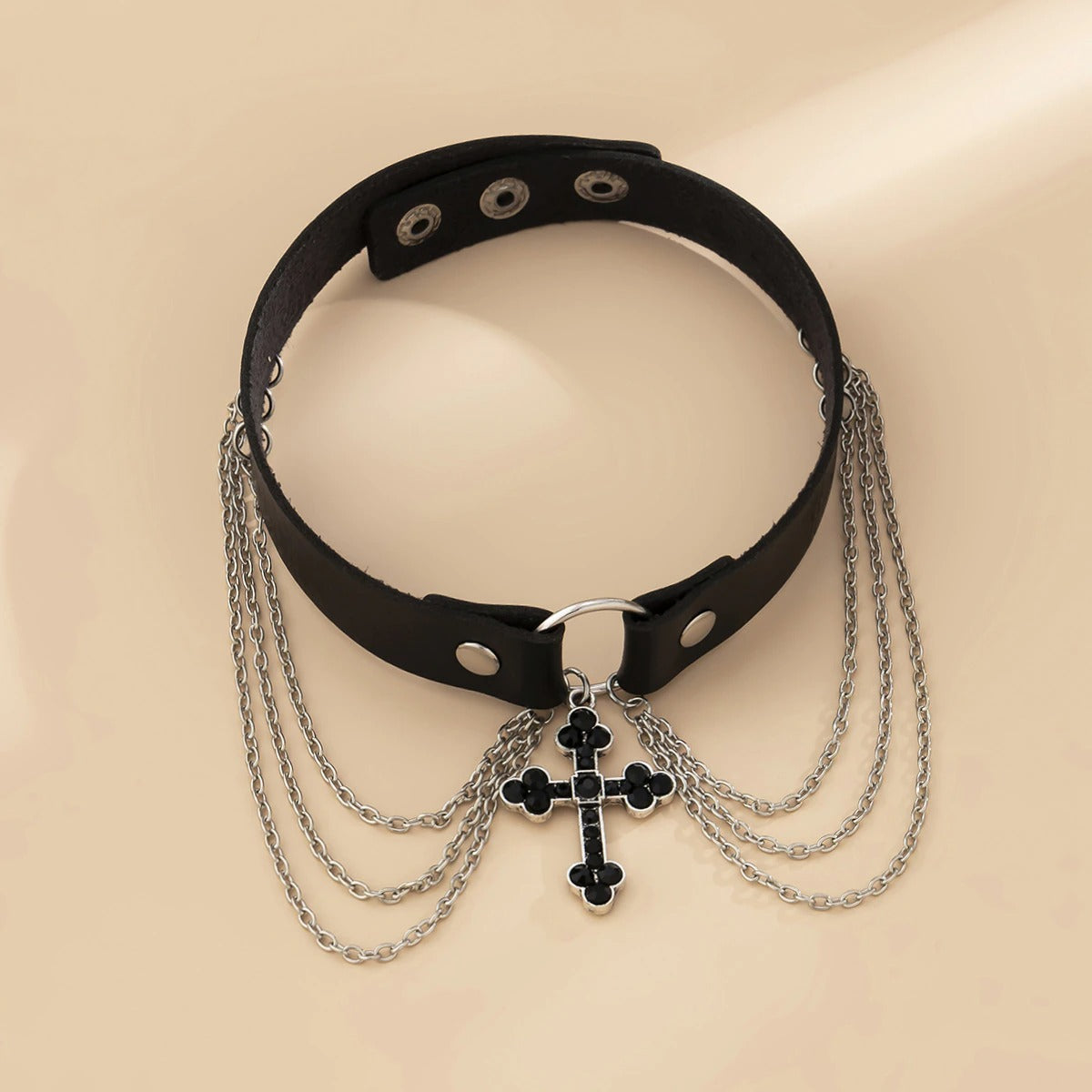 Colier choker negru, cu cruciulita si lanturi argintii, Nancy C19