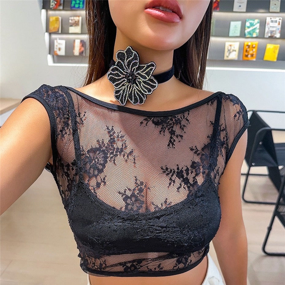 Colier choker, negru, cu floare si pietre, Hanse C3