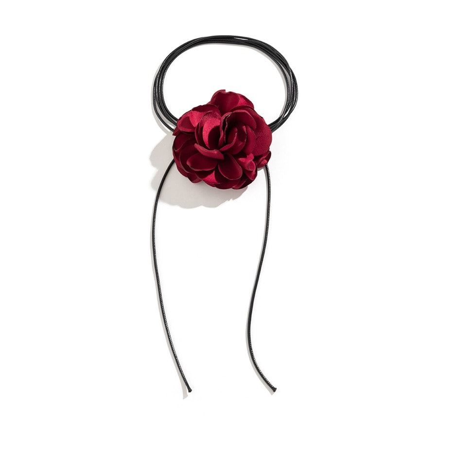 Colier choker, negru, cu floare visinie si snur, Hanny C2