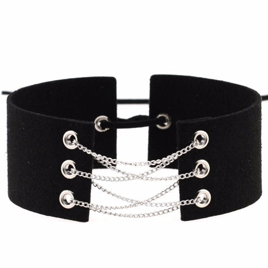 Colier choker, negru, cu lanturi argintii, Juliana C5