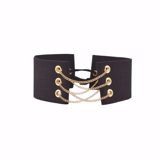 Colier choker, negru, cu lanturi aurii, Julina C1