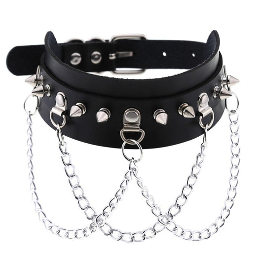 Colier choker, negru, cu lanturi si tinte argintii, Julet C20