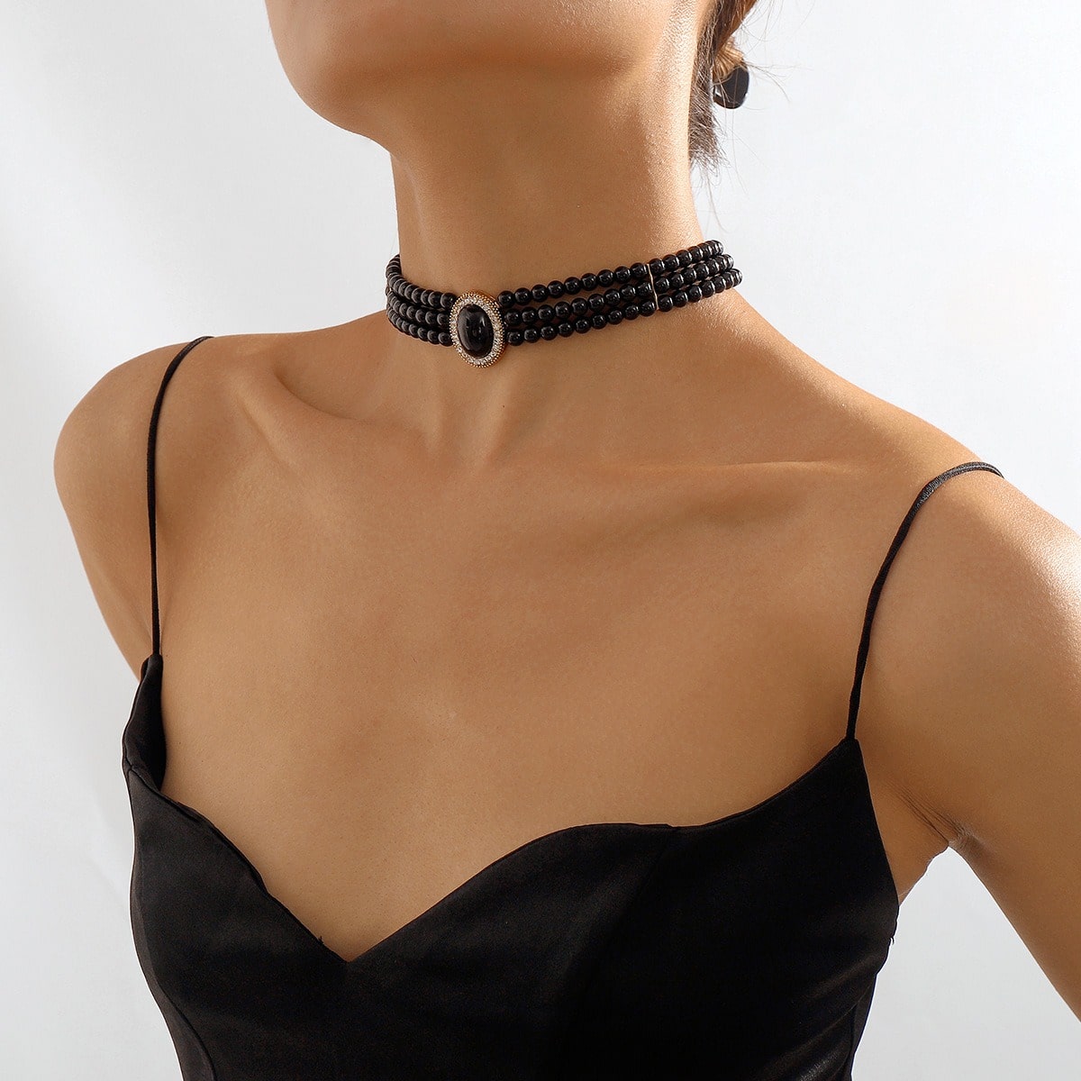 Colier choker, negru, cu margelute si pietre, Eivy C15