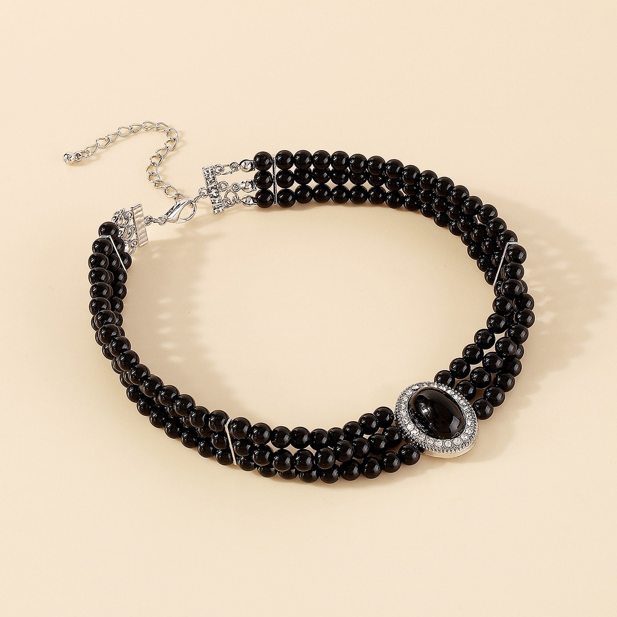 Colier choker, negru, cu margelute si pietre, Eivy C15