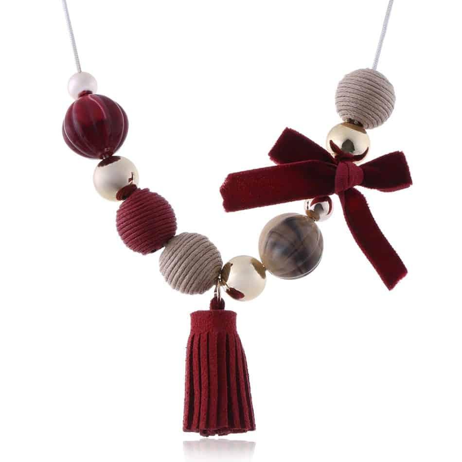 Colier rosu, cu bile roz si ciucuri, Lette C4 - Pursehuit.ro