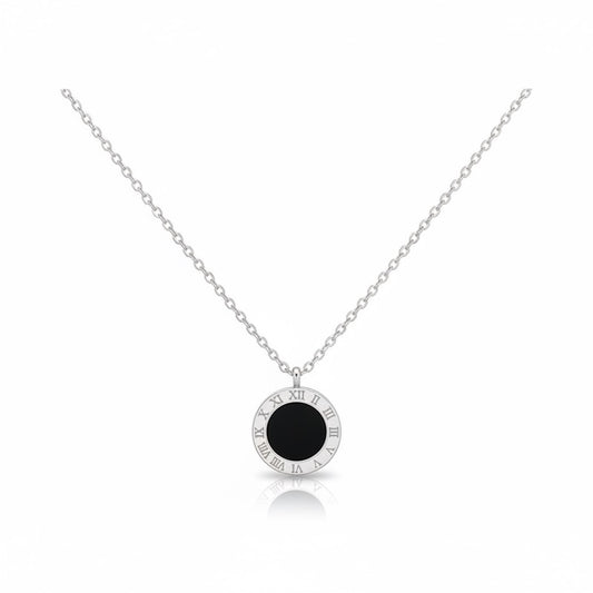 Colier argintiu, din otel inoxidabil, cu pandantiv rotund, suflat cu aur 18k, Davis C6
