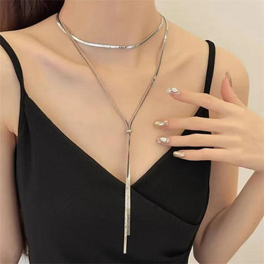 Colier argintiu, din otel inoxidabil, lung, suflat cu aur 18k, Aminda C1 - Pursehuit.ro