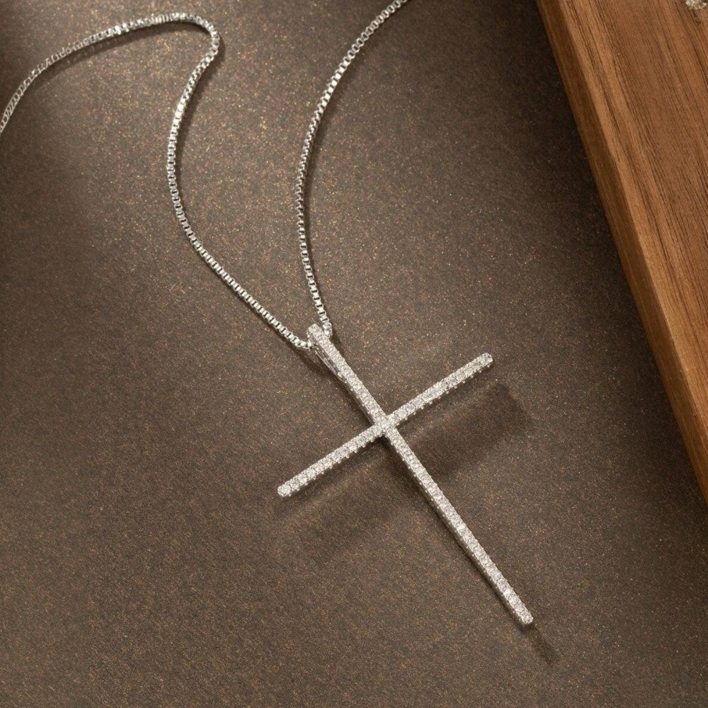 Colier argintiu, din otel inoxidabil, suflat cu aur 18k, cu pandantiv cruce si pietre din zirconiu, Darya C4