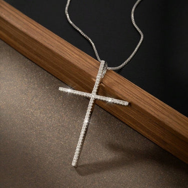 Colier argintiu, din otel inoxidabil, suflat cu aur 18k, cu pandantiv cruce si pietre din zirconiu, Darya C4