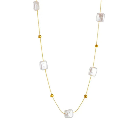 Colier auriu, cu perle patrate, suflat cu aur 14k, Davie C9