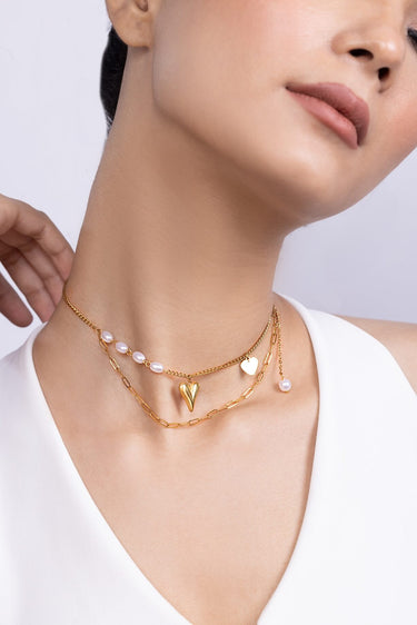 Colier auriu, cu perle si inimioara, din otel inoxidabil, suflat cu aur 18k, Dea C9