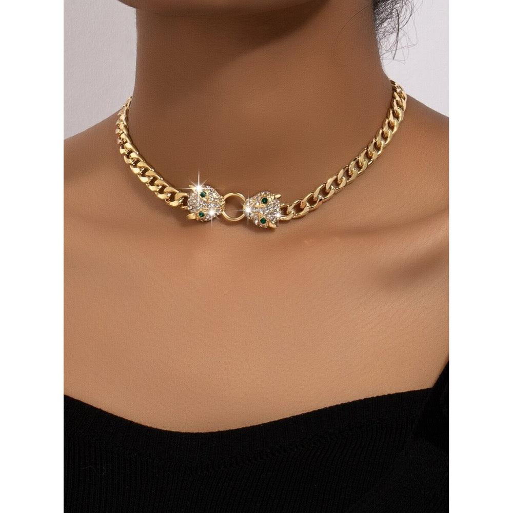 Colier auriu, cu zale si cap de pantera, cu pietre, Brigita C8 - Pursehuit.ro