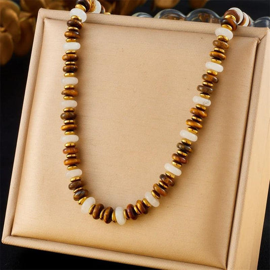 Colier auriu, din otel inoxidabil, cu margelute maro, suflat cu aur 18k, Brigita C11 - Pursehuit.ro