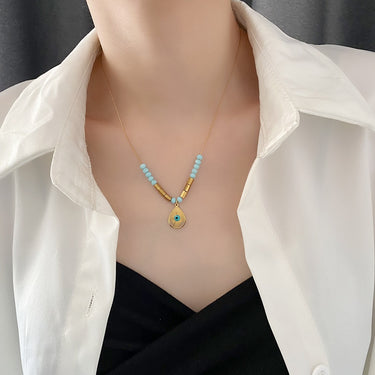Colier auriu, din otel inoxidabil, cu margelute turquoise, suflat cu aur 18k, Berna C11