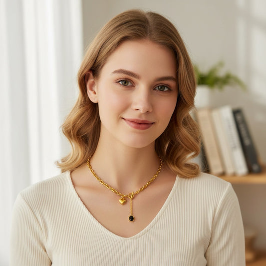 Colier auriu, din otel inoxidabil, cu pandantiv inima, suflat cu aur 18k, Tore C2