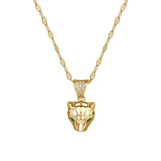 Colier auriu, din otel inoxidabil, cu pandantiv leopard si pietre, suflat cu aur 18k, Berta C11 - Pursehuit.ro