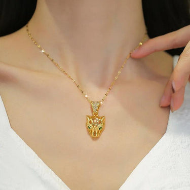 Colier auriu, din otel inoxidabil, cu pandantiv leopard si pietre, suflat cu aur 18k, Berta C11 - Pursehuit.ro