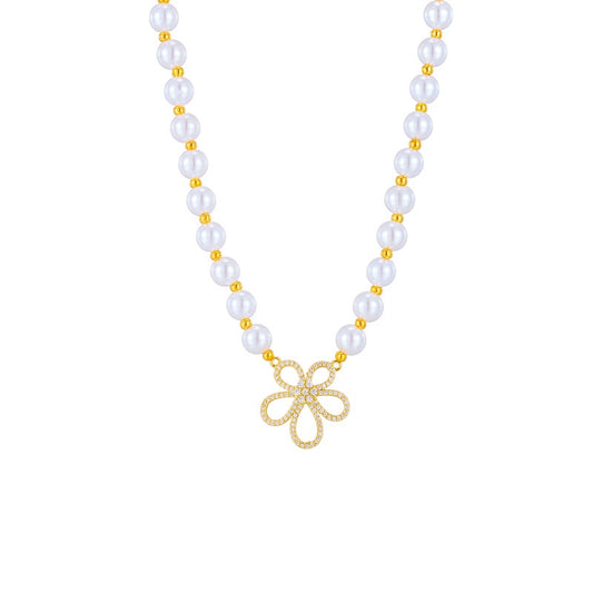 Colier auriu, din otel inoxidabil, cu perle si floare, suflat cu aur 18k, Debby C9