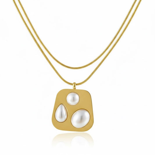 Colier auriu, din otel inoxidabil, forma contemporana, cu perle, suflat cu aur 18k, Bettina C9