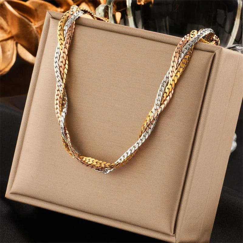 Colier auriu, din otel inoxidabil, impletit, suflat cu aur 18k, Alyda C1 - Pursehuit.ro