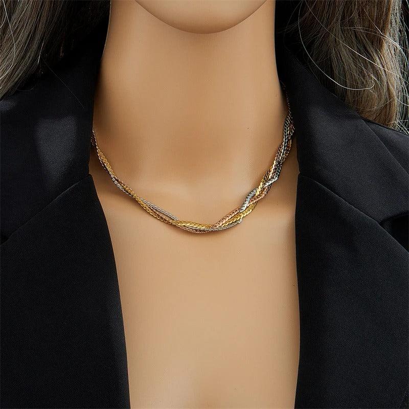 Colier auriu, din otel inoxidabil, impletit, suflat cu aur 18k, Alyda C1 - Pursehuit.ro