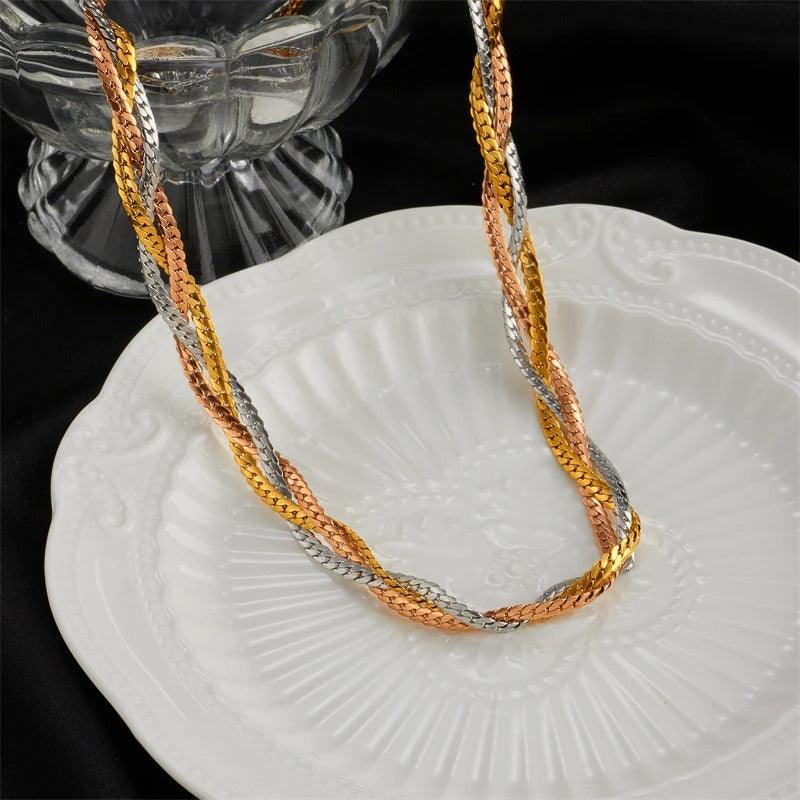 Colier auriu, din otel inoxidabil, impletit, suflat cu aur 18k, Alyda C1 - Pursehuit.ro