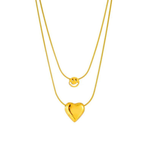 Colier auriu, din otel inoxidabil, in 2 straturi, cu inima si smiley, suflat cu aur 18k, Anabela C1 - Pursehuit.ro