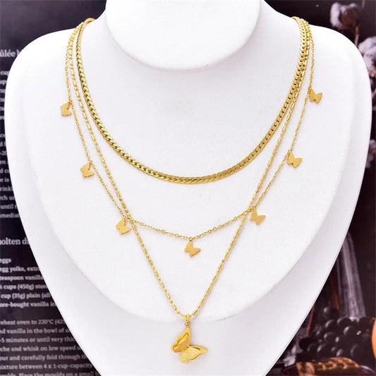 Colier auriu, din otel inoxidabil, in 3 straturi, cu fluturasi, suflat cu aur 18k, Ama C1 - Pursehuit.ro