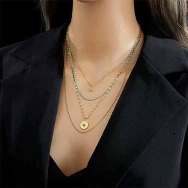 Colier auriu, din otel inoxidabil, in 4 straturi, cu margelute turquoise, suflat cu aur 18k, Bergot C12